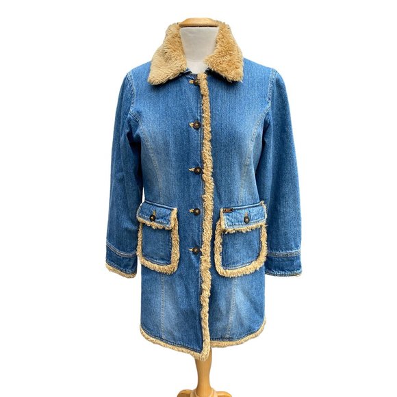 Lee Longline Faux Fur Denim Jean Jacket Cowgirl Western Fall Vintage 90s Faded-M - Picture 12 of 16